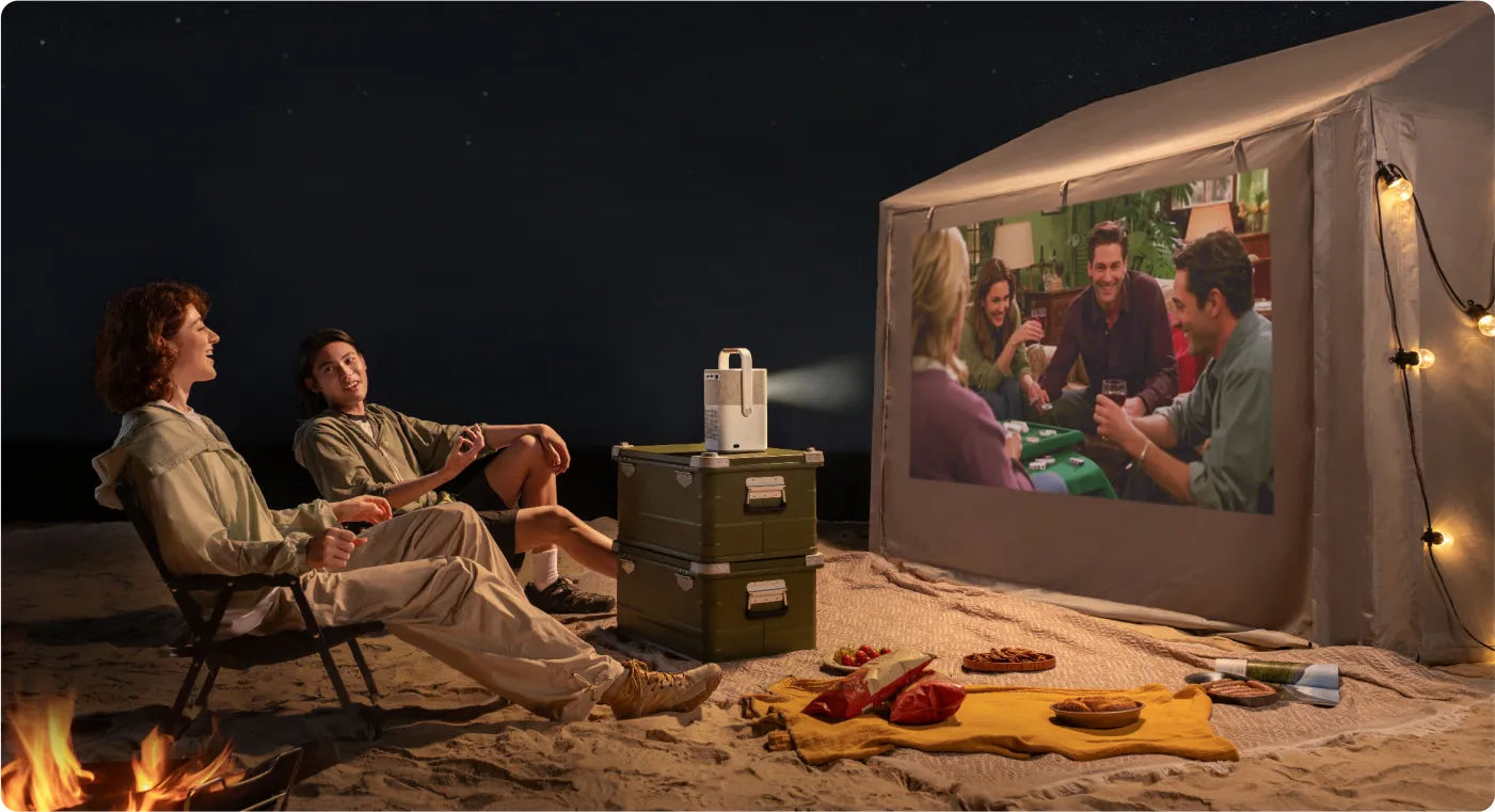 Beach camping portable projector, 450 lumens, can project onto the tent